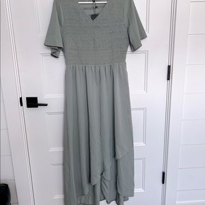 Sage green midi dress.  Longer in back, sign large new with tags